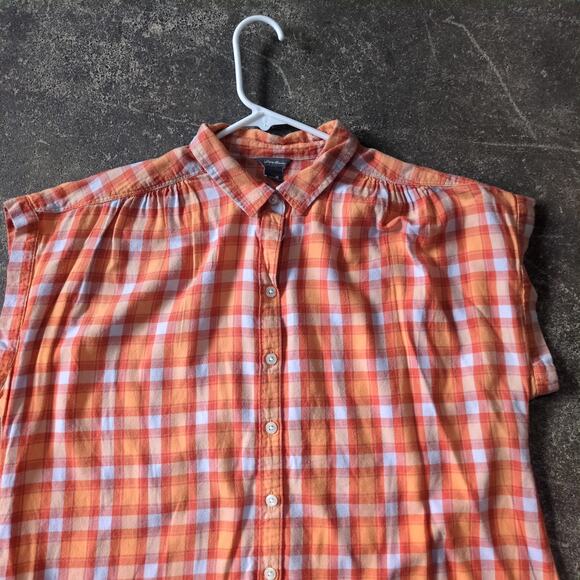 Eddie Bauer Gingham Summer Top Women M Orange Button Up Cap Sleeve Blouse - Picture 2 of 9